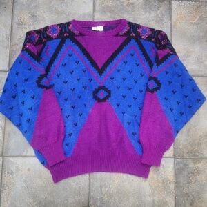 Vintage 90s Lituan Men's Medium Colorful Geometric Acrylic Crewneck Sweater